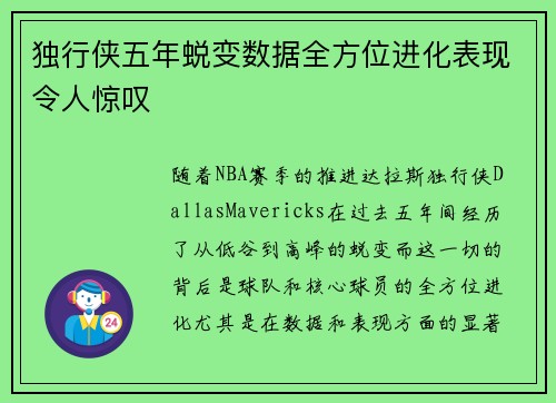 独行侠五年蜕变数据全方位进化表现令人惊叹 独行侠五年蜕变数据全方位进化表现令人惊叹