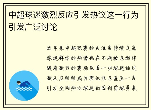 中超球迷激烈反应引发热议这一行为引发广泛讨论 中超球迷激烈反应引发热议这一行为引发广泛讨论