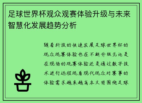 足球世界杯观众观赛体验升级与未来智慧化发展趋势分析 足球世界杯观众观赛体验升级与未来智慧化发展趋势分析