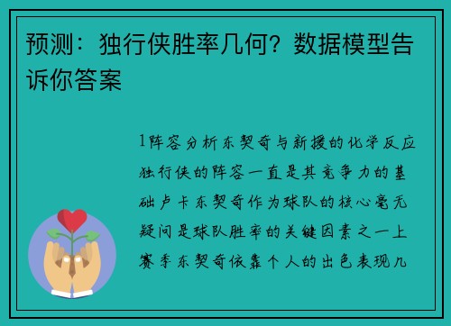 预测：独行侠胜率几何？数据模型告诉你答案